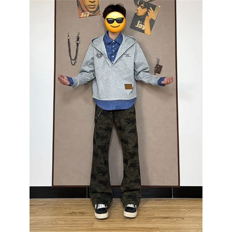 美式复古迷彩牛仔裤男女款春秋水洗高街裤子提档修身微喇工装裤,男装牛仔裤,星座302B
