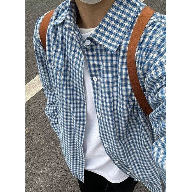 慵懒风蓝色格子衬衫男款春夏季复古格纹衬衣cleanfit外套C58，男装衬衫，星座1116A（原606A-3）