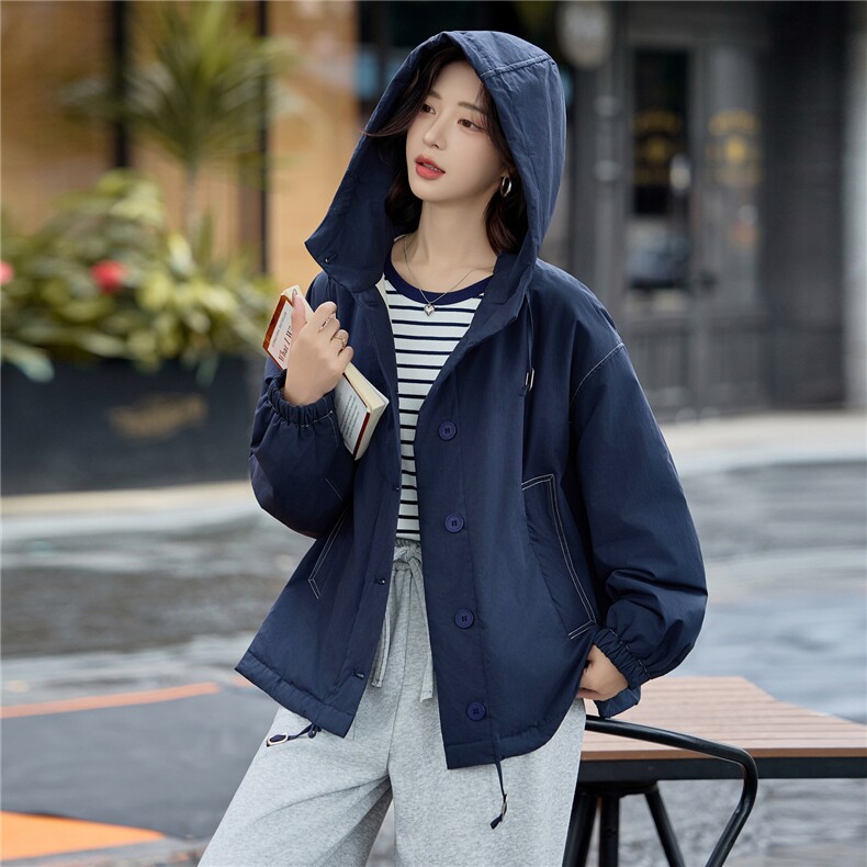 藏青色连帽宽松休闲夹棉外套女2025冬季极简廓形慵懒感小个子棉服,女装棉衣/棉服,梦懿尔