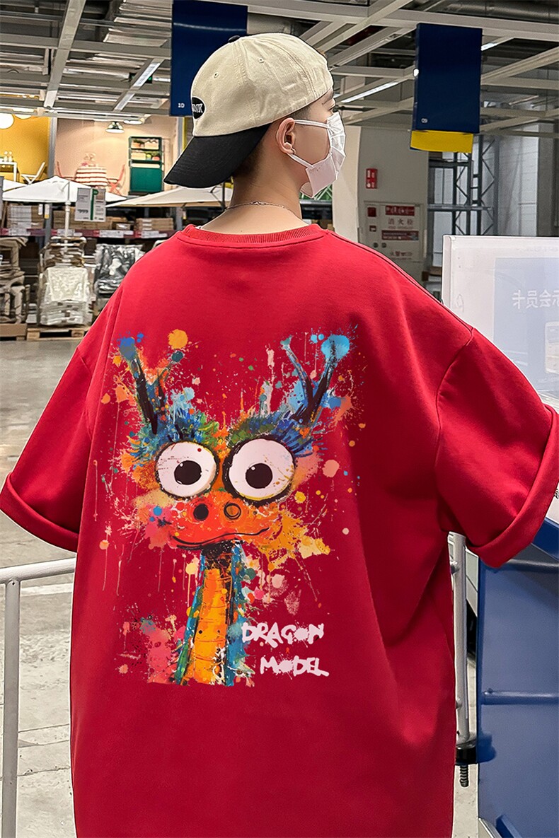 港风24夏款个性百搭小龙印花圆领短袖T恤T61122P25控38,男装T恤,电商A268A