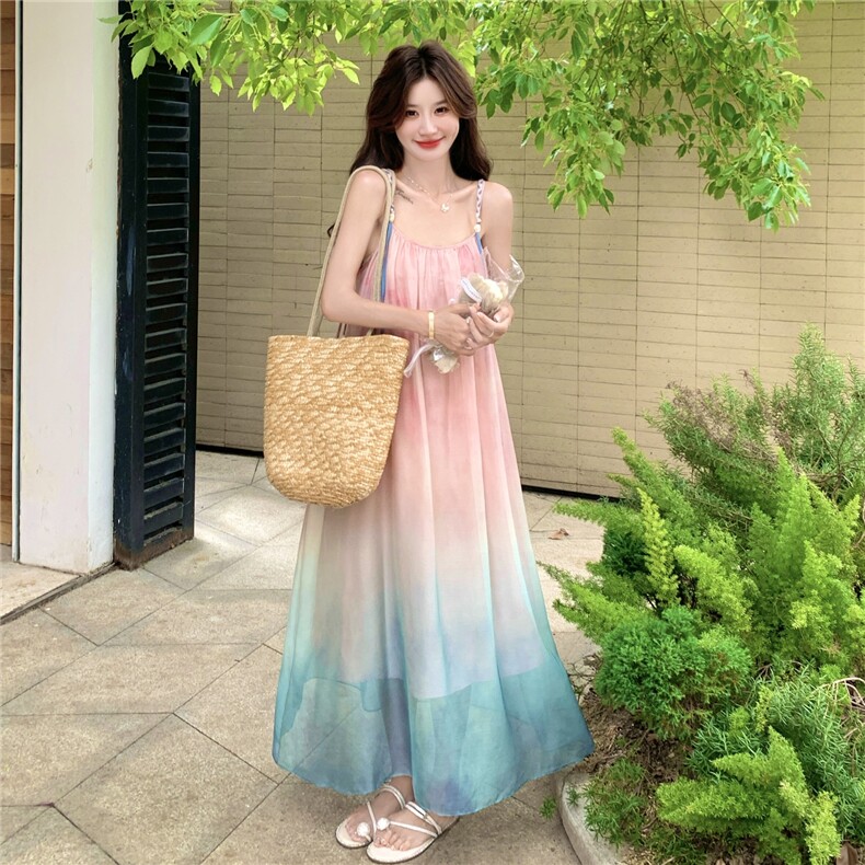 粉色网纱渐变吊带连衣裙披肩两件套女夏季巨好看度假风小众套装,女装连衣裙,2C267