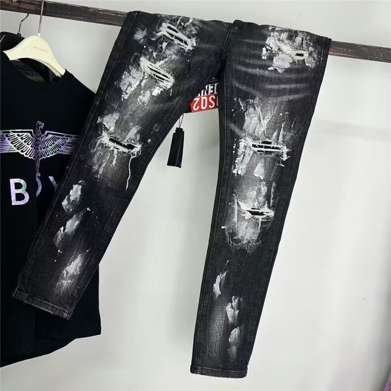 美式高街假破洞修身男女轻奢穿搭泼墨牛仔裤NH131P51,男装牛仔裤,星座1112-1