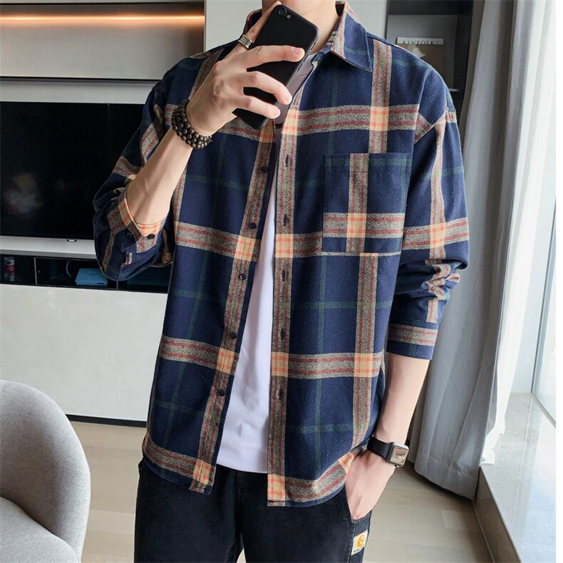 男士格子外套长袖衬衫宽松春秋新款潮流上衣服DF01T,男装衬衫,电商A102
