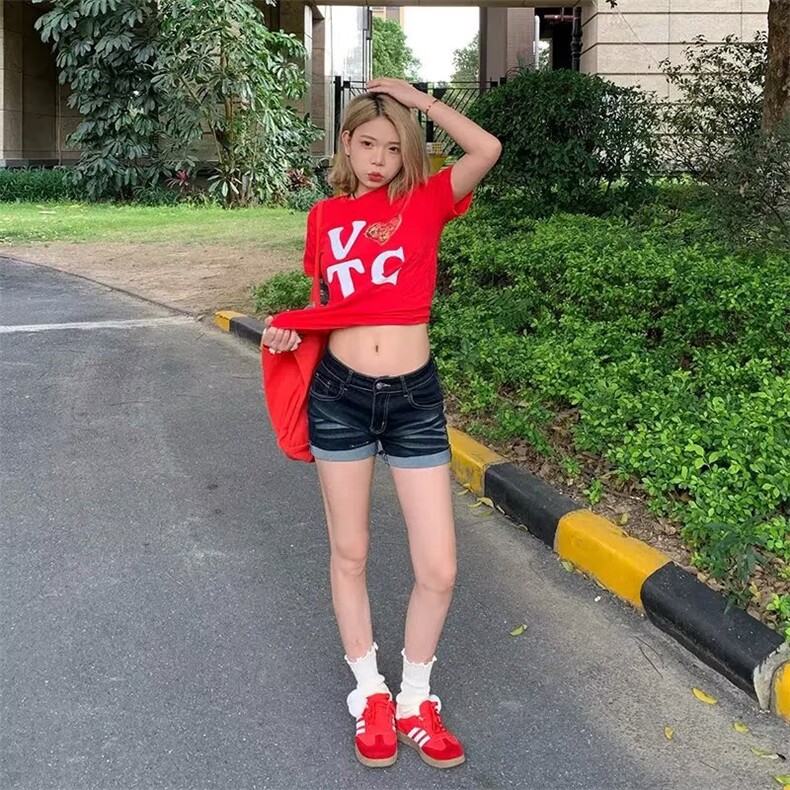 美式复古牛仔短裤女夏季小个子高腰丰胯提臀做旧辣妹紧身包臀热裤图片