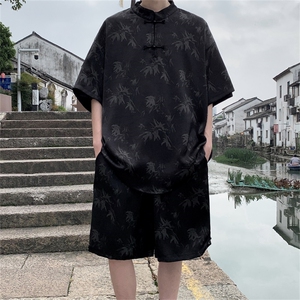 量大优供视频新风竹叶印花 冰丝短袖短裤套装男 TZ2404-特P50图片