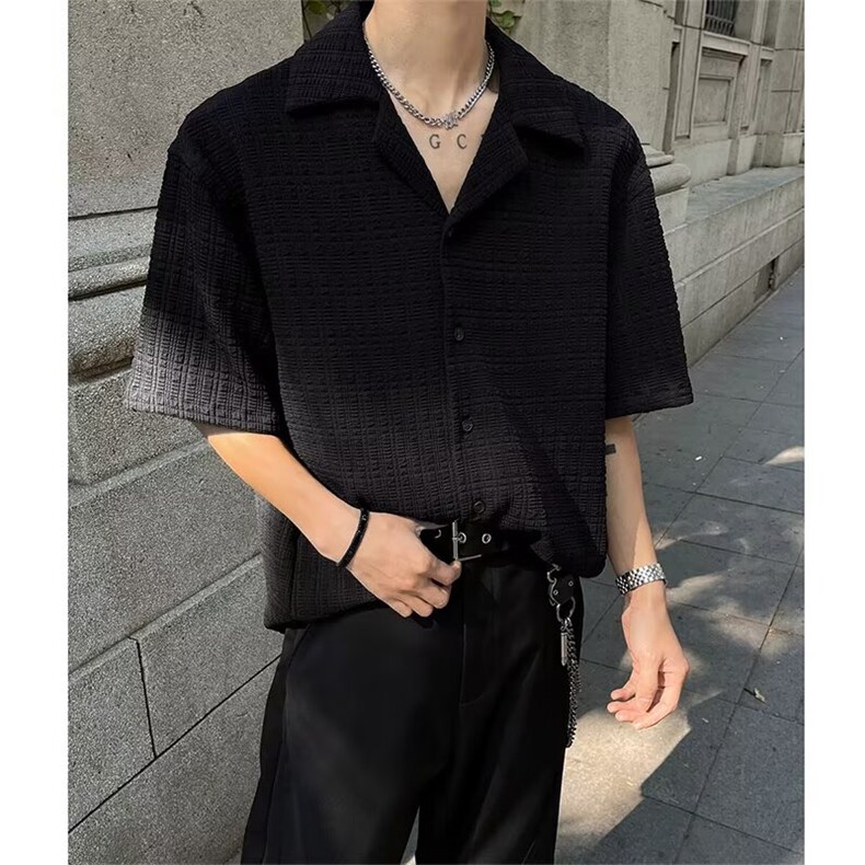 百搭肌理感提花短袖衬衫男夏季潮牌痞帅高级感休闲男装古巴领衬衣图片