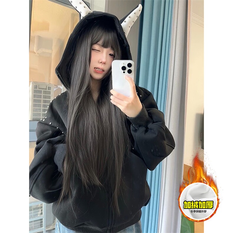 480G重磅加绒硬挺boxy男女美式高街卫衣铆钉杜宾犬耳朵开衫厚外套，女装短外套，电商A486