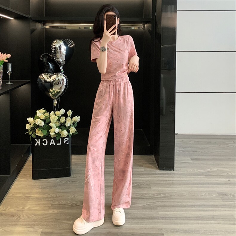 网红炸街时尚运动套装女夏新款粉色扎染短袖上衣高腰阔腿裤两件套,女装套装/套裙,江南