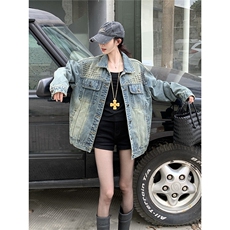 美式复古牛仔外套女2025新款宽松百搭重工铆钉做旧慵懒休闲夹克潮，男装工装外套，星座506A