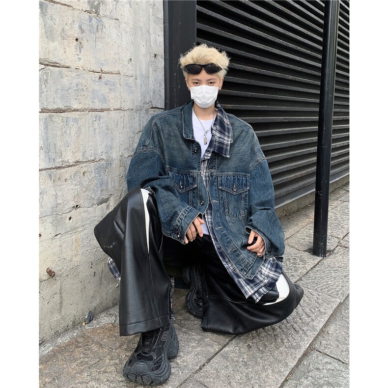 不规则设计格子拼接牛仔外套男秋季潮牌假两件工装外套JK8624-P82,男装工装外套,星座1001-1
