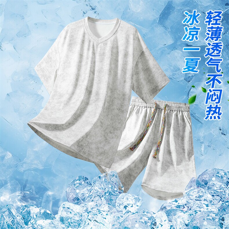 特批P48无差价夏季凉感冰丝扎染男宽松V领T恤短裤两件套TZ5144,男装T恤,电商A001