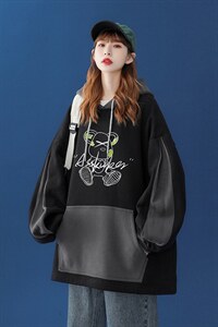 秋装港风中性卡通印花撞色拼接个性袖子连帽卫衣 B152 P65控78图片