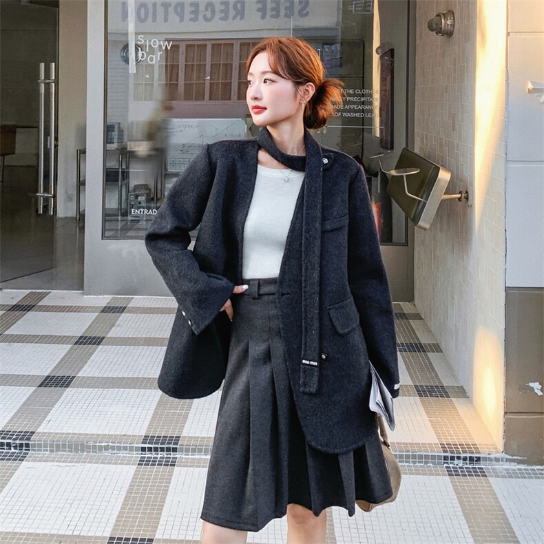 韩系黑色收腰双面呢羊毛西装外套女秋冬2025新款气质高级感大衣,女装毛呢外套,2B187
