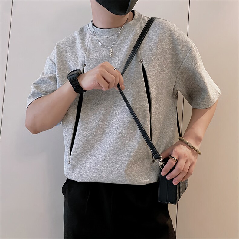 8968/P58控78夏季设计感前后镂空男士圆领短袖T恤痞帅小伙男装白1,男装T恤,星座305B