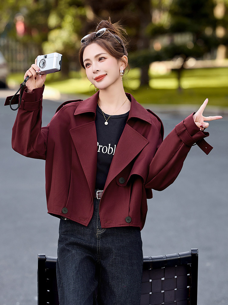 韩系翻领短款风衣女款2025年春秋新款小个子气质西装领夹克外套,女装风衣,姿衣坊