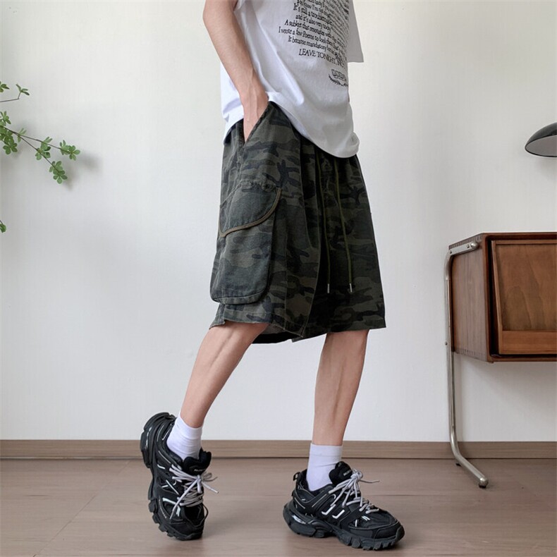 大口袋迷彩工装短裤男夏季美式高街阔腿中裤大码宽松潮牌四五分裤,男装牛仔裤,星座410-6（原星座1304-1）