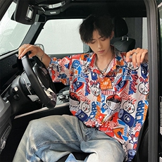 夏季冰丝男士宽松港风卡通满印短袖T恤衬衫A071-C33-P38，男装衬衫，电商A071