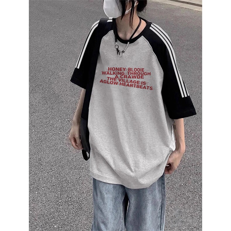 夏季美式高街重磅纯棉三条杠织带插肩撞色男女短袖T恤CZ129-特P25,男装T恤,电商A486