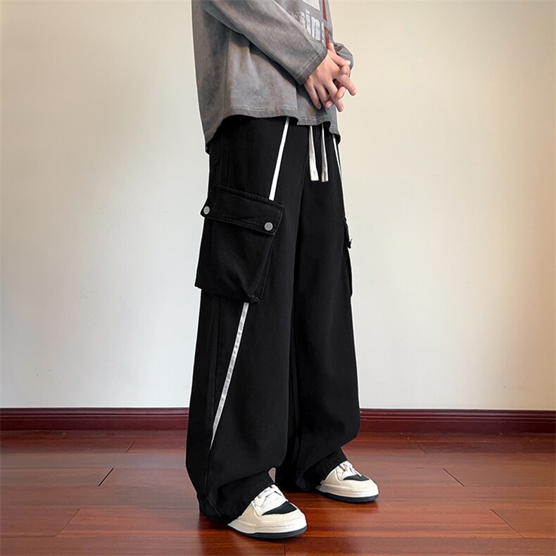 织带条纹工装牛仔裤男网图秋季新款美式阔腿裤子-A2187TP55,男装牛仔裤,电商B241
