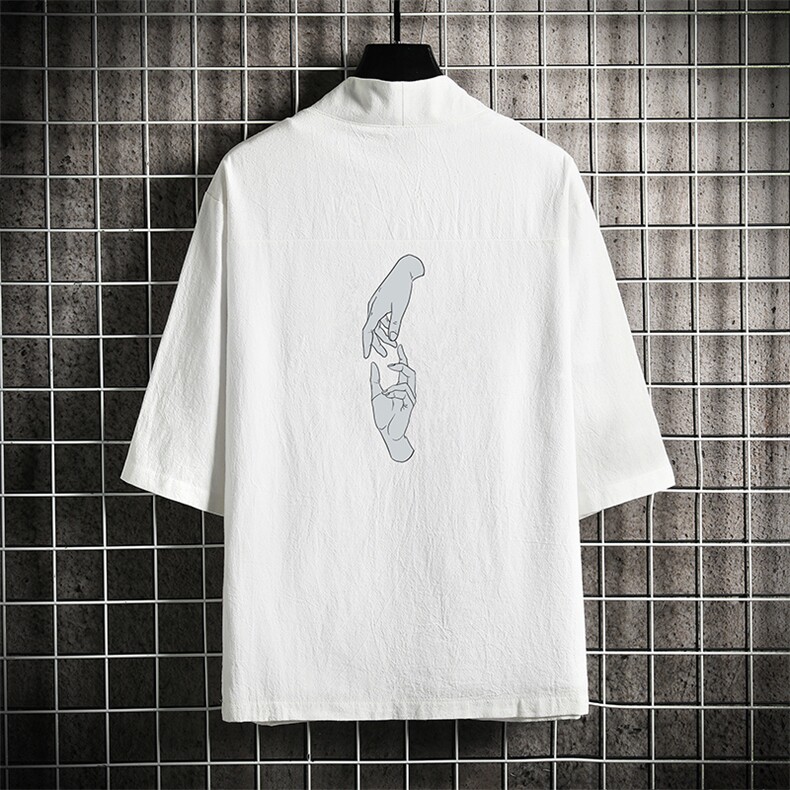 HF59147-P40风汉服男开衫外套七分袖道袍网格挂拍,男装民族服装,电商A040A