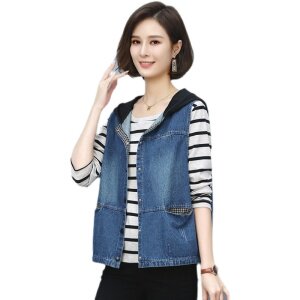 2022春季新款简约时尚气质撞色连帽格子拼接休闲牛仔马甲,女装马甲,丽影随形