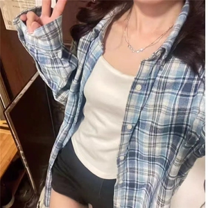 复古蓝色日系格子衬衫男女新款宽松百搭防晒衫 513CS1909P32图片