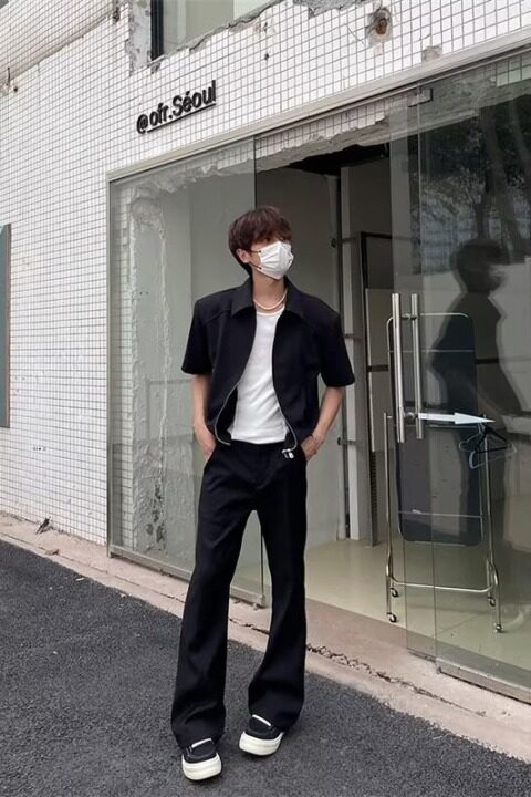 黑色高腰弯刀西裤男款垂坠感高级感裤子cleanfit高个子直筒微喇裤,男装休闲裤,星座302B