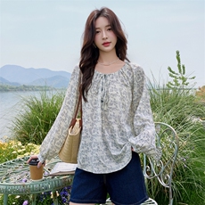 水衣源3730款长袖大圆领可一字肩洋气防晒碎花宽松小衫女，女装防晒衣，水衣源