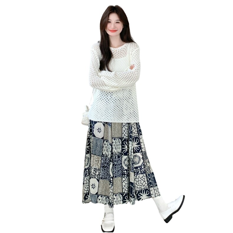 时髦感镂空罩衫吊带内搭复古印花半裙套装女2025秋松弛时尚三件套，女装套装/套裙，2C159