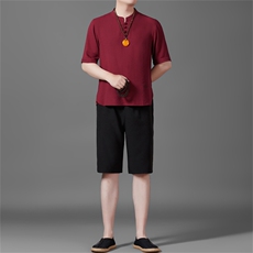 男款夏季五分裤中年棉麻中式亚麻爸爸套装，男装牛仔裤，钱塘6003B