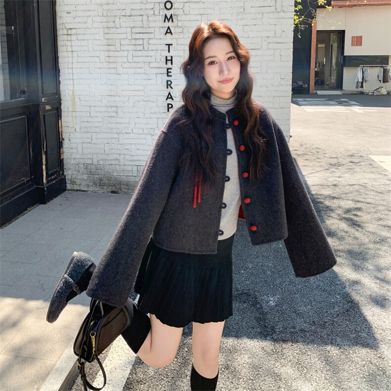 复古撞色短款双面羊绒大衣女秋冬新款高级感时尚小个子毛呢外套潮,女装毛呢外套,浙宝290（原306）