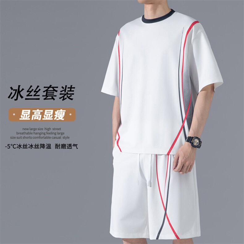 休闲短袖套装男生夏季薄款撞色拼接冰丝半袖t恤篮球运动短裤穿搭,男装T恤,电商A022