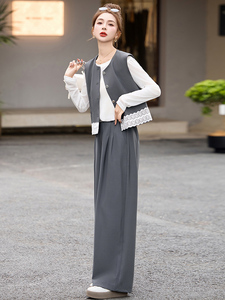 小香风套装女2025开春新款超火韩系西装蕾丝马甲阔腿裤穿搭一整套图片
