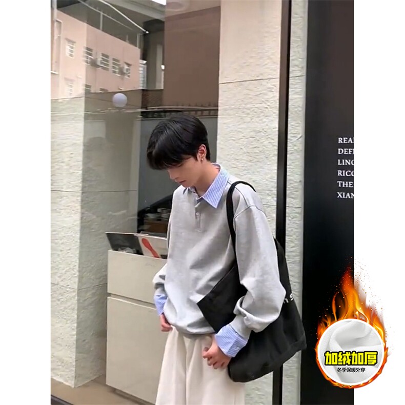重磅加绒硬挺boxy男女美式高街假两件衬衫领长袖卫衣POLO领打底衫,男装T恤,电商A486