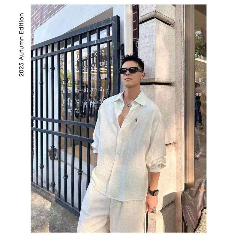 网图慎用夏季休闲松弛感老钱风慵懒简约长袖衬衫套装TZ559P75，男装休闲套装，电商A128