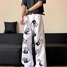 B183手掌印花牛仔裤男hiphop美式街头痞帅直筒宽松小众阔腿长裤，男装牛仔裤，星座308A-1（原309B-1）