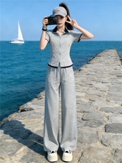 女夏新款小个子时尚休闲套装欧货纯色短袖拼接上衣高腰长裤两件套，女装套装/套裙，江南
