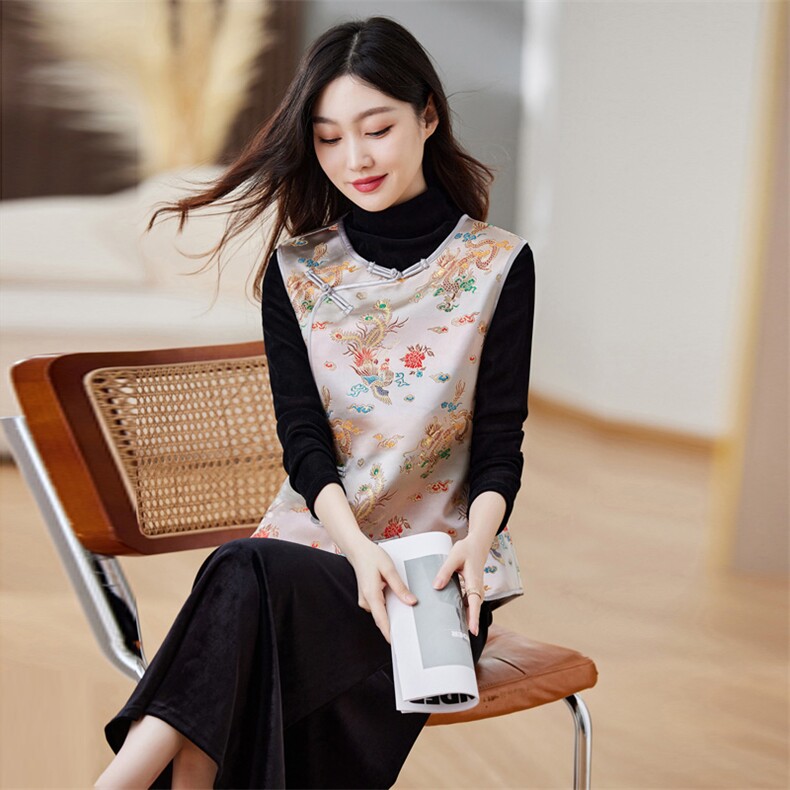 2023年秋季新款女装复古龙凤图案显瘦圆领马甲,女装马甲,施恩睿棋