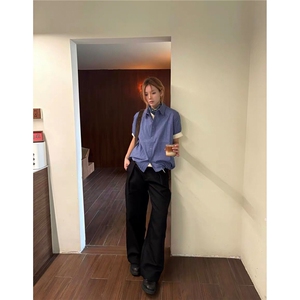 网图  蓝色格纹抽绳短袖衬衫cleanfit短款上衣男 H1095 特P45图片