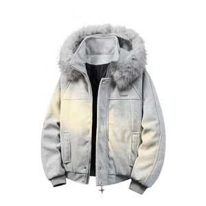 网图  美式复古连帽毛尼棉服女款冬季加厚保暖毛领拼接情侣棉衣图片