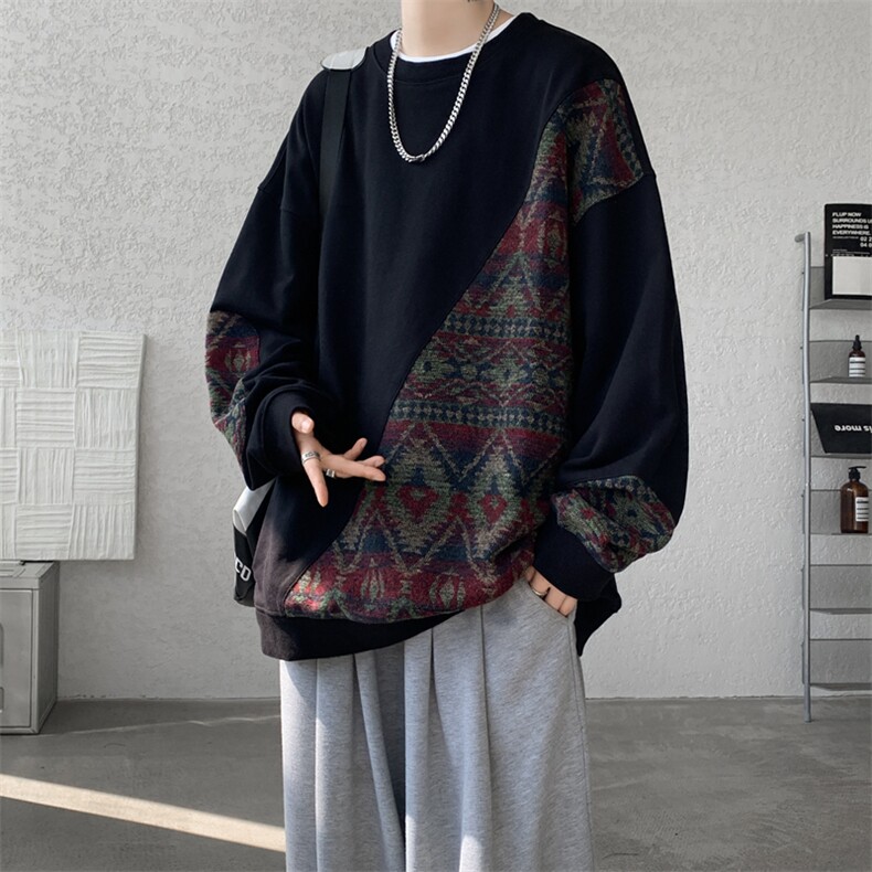 8XL-M民族风拼接卫衣大码胖子费尔岛上衣圆领复古外套WY5106/P55,男装民族服装,电商B238