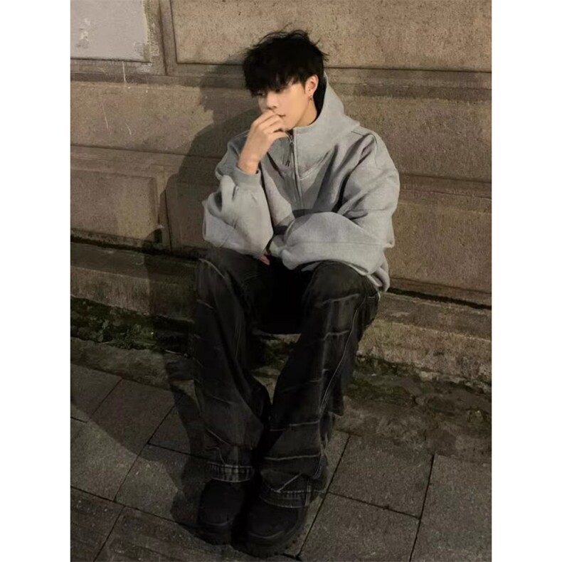 美式重磅连帽开衫卫衣男宽松拉链帽衫运动外套513AWY2369P46,女装短外套,星座513A