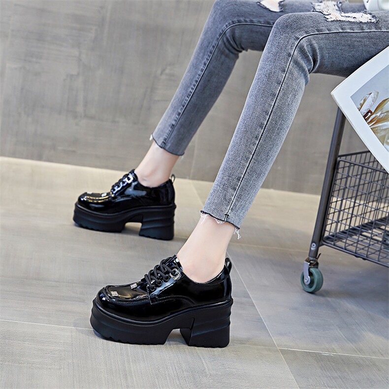牛漆皮2023秋冬季新款厚底小皮鞋女漆皮圆头乐福鞋系带外增高单鞋，女鞋小皮鞋，电商A223