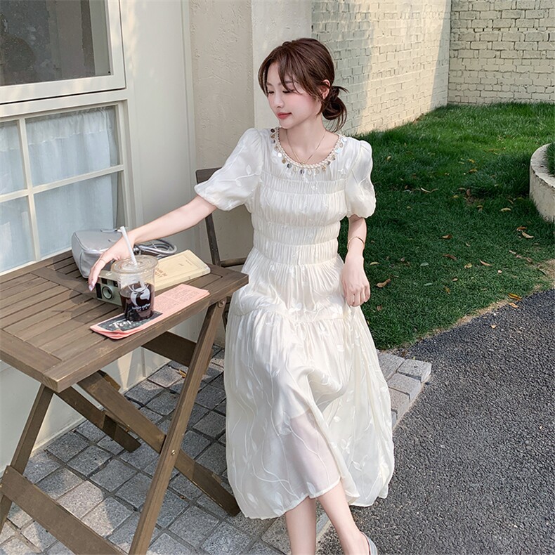 法式初恋温柔风连衣裙女2025夏新款收腰显瘦重工刺绣蕾丝白色裙子,女装连衣裙,2C126