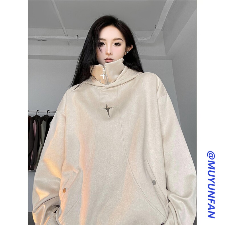 春秋复古假两件鹿皮绒加厚连帽半拉链外套XZ301AW001P65,女装短外套,星座301A