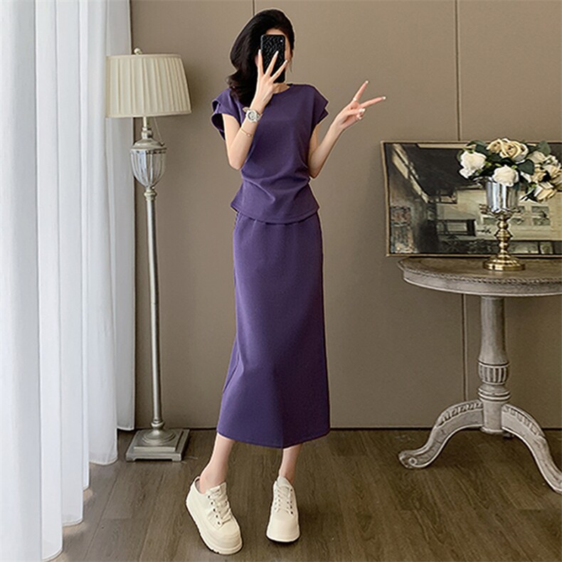 时尚气质减龄运动套装裙女夏新款紫色圆领短袖上衣半身长裙两件套,女装套装/套裙,2C310