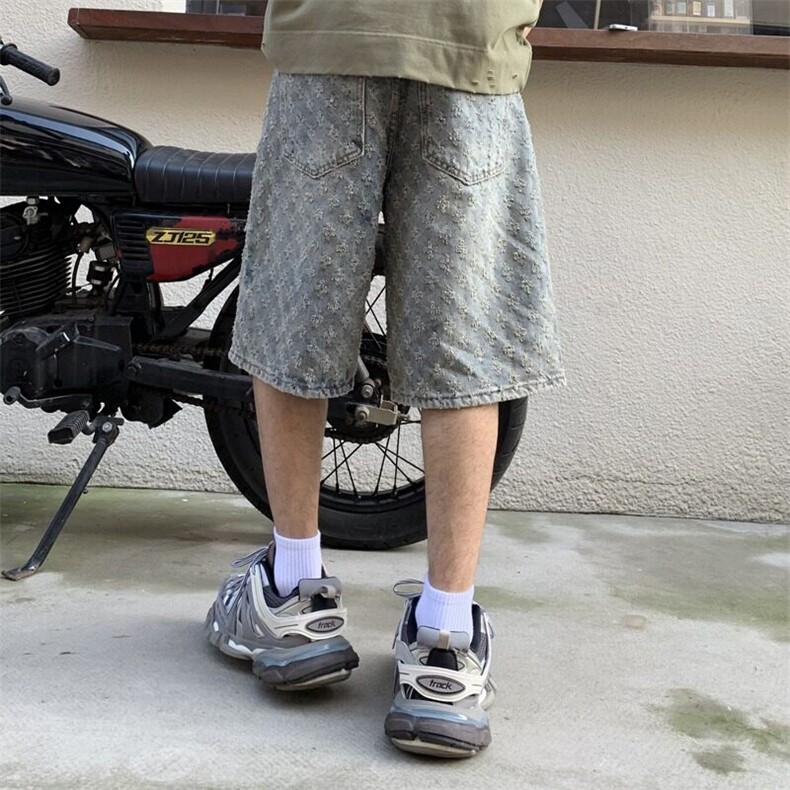 美式高街水洗印花男士破洞牛仔短裤宽松直筒五分裤2025夏季新款潮,男装牛仔裤,星座506A