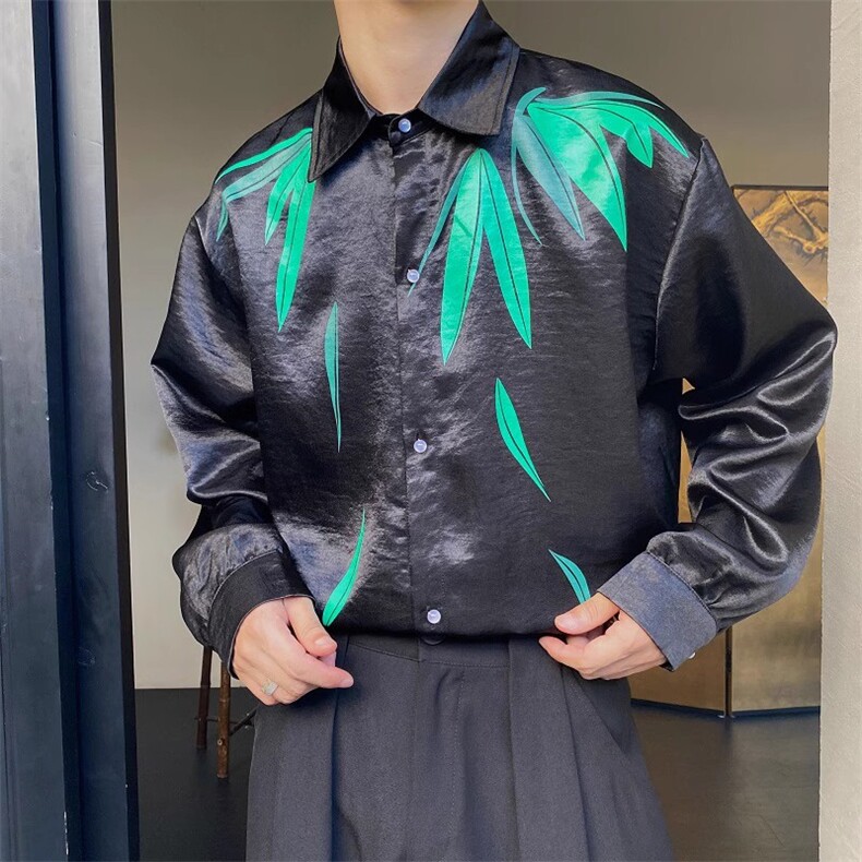 春季中式盘扣立领长袖男衬衫潮流复古缎面印花竹叶衬衣女176P75图片