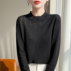 2025年秋季套头长袖圆领蕾丝木耳边打底衫，女装针织衫/毛衣，凯思米羊绒