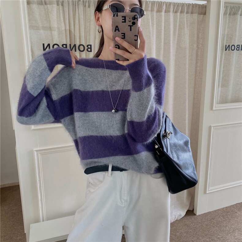2025年秋季新款百搭拉毛斑马纹拼色圆领衫，女装羊毛衫，优麦羊绒（原洪叶羊绒）